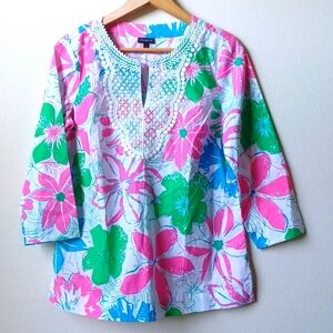 Talbots Bright Floral Tunic Top Cotton Elbow Sleeve Embroidered Trim Small